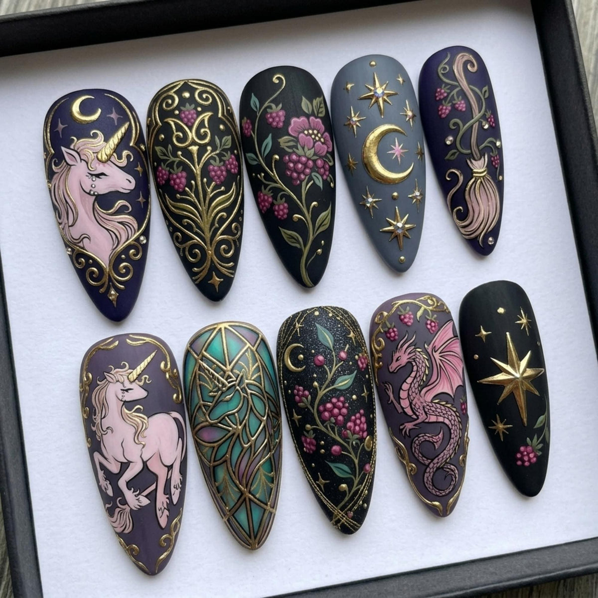 Magic Unicorn Press On Nails | Enchanted Witchy Vibe | Matte Black Almond Nails | Dragon Star Berry Nail | 3D Gold Embossed Art Nail