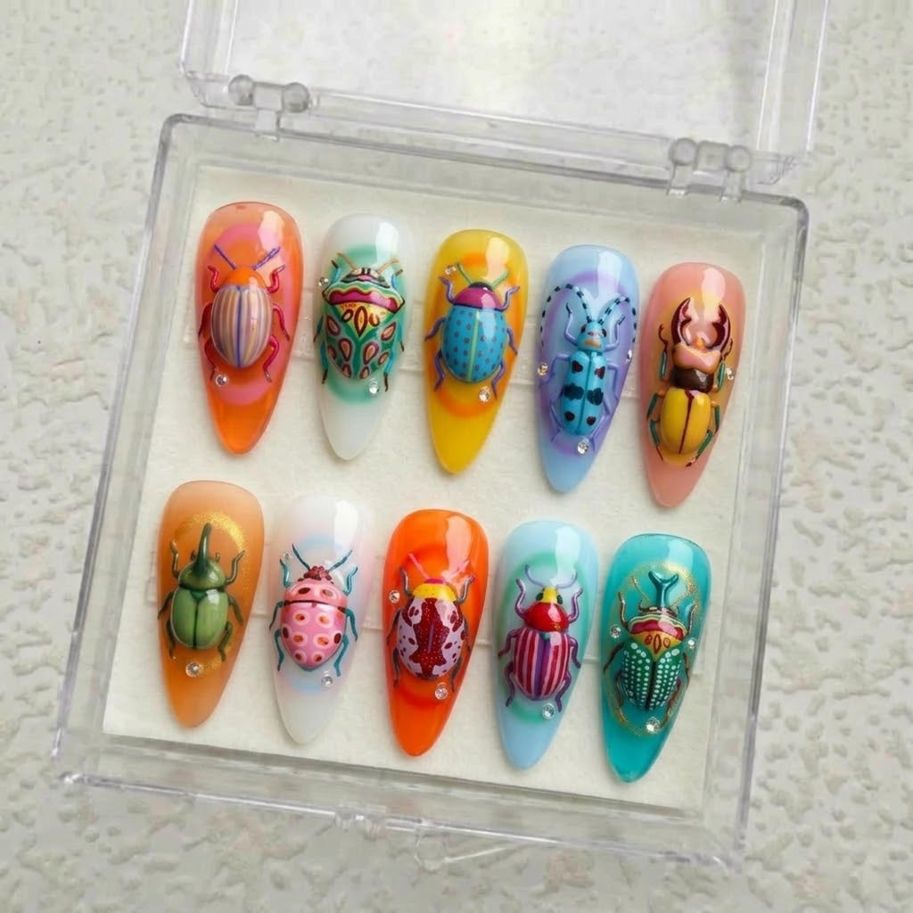 3D Beetle Press On Nails | Quirky Summer Nature Vibe | Bright Aura Almond Nails | Colorful Insect Nail | 3D Sculpted Gel Art Nail
