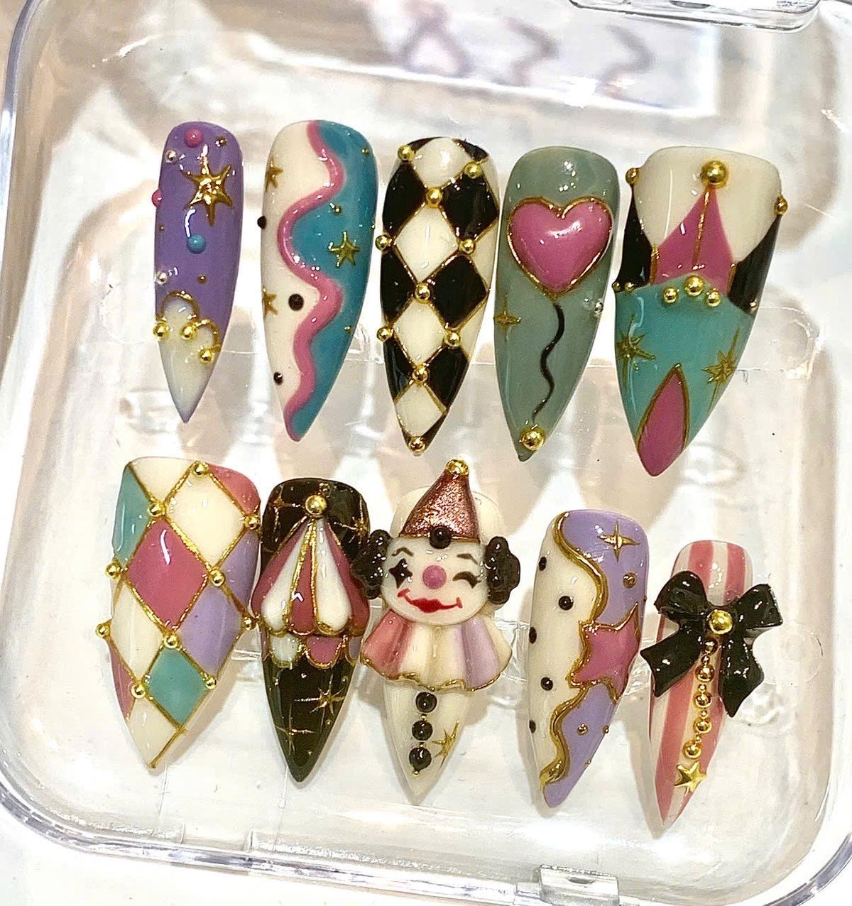 Halloween Circus Press On Nails, Spooky Carnival Clown Stiletto Set
