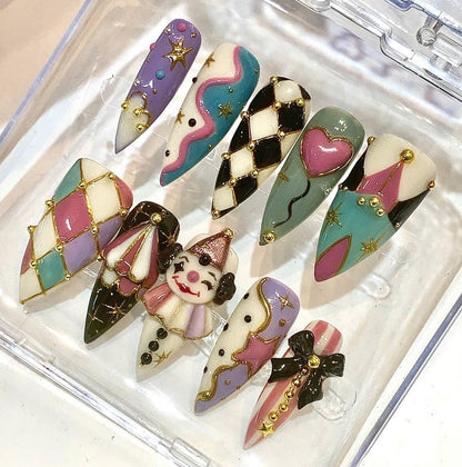 Halloween Circus Press On Nails, Spooky Carnival Clown Stiletto Set