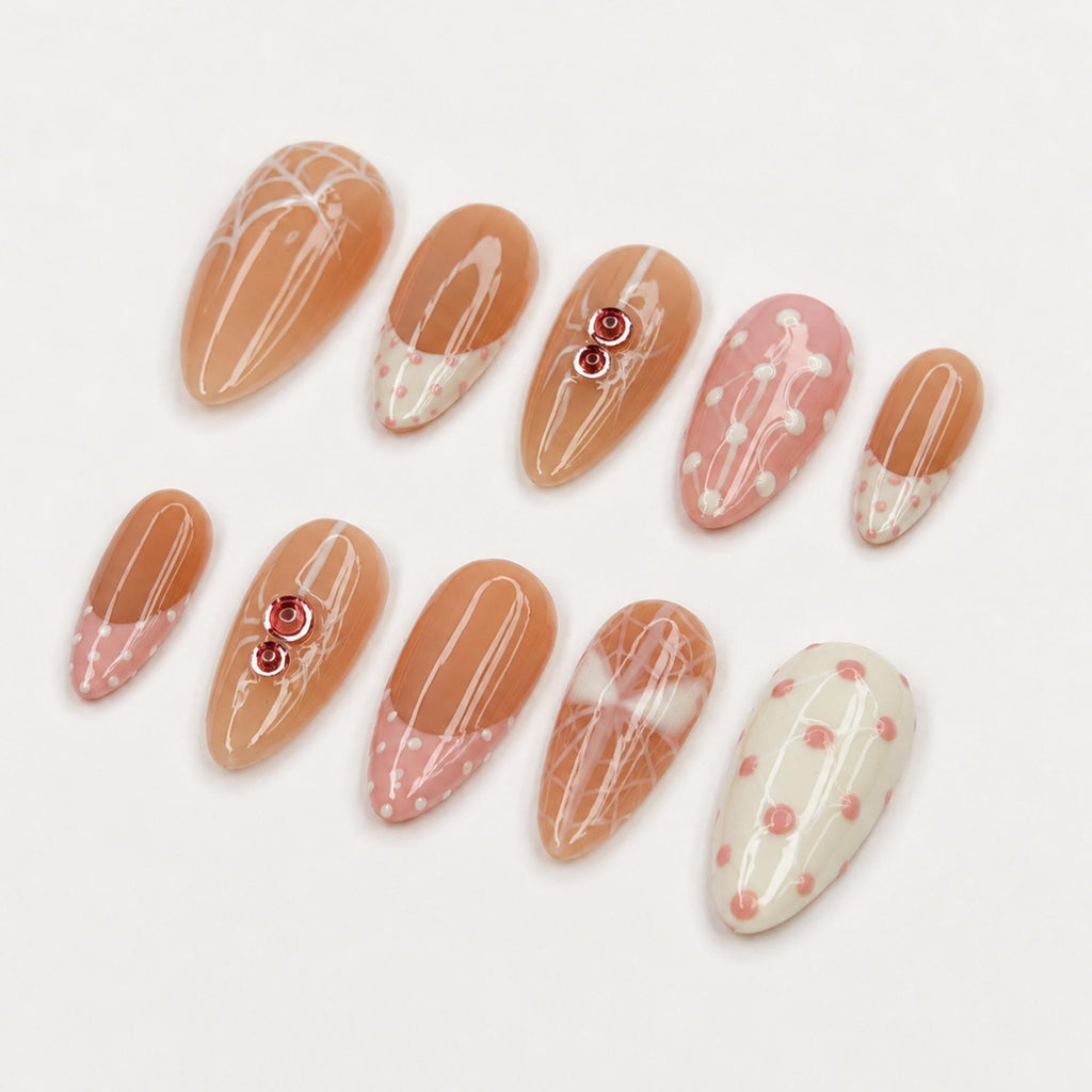 Pink Gothic Press On Nails with Spider Art , Long Almond Handmade Nails , Halloween, Coquette, Gothic, Holiday Press on nail set | JB474WC