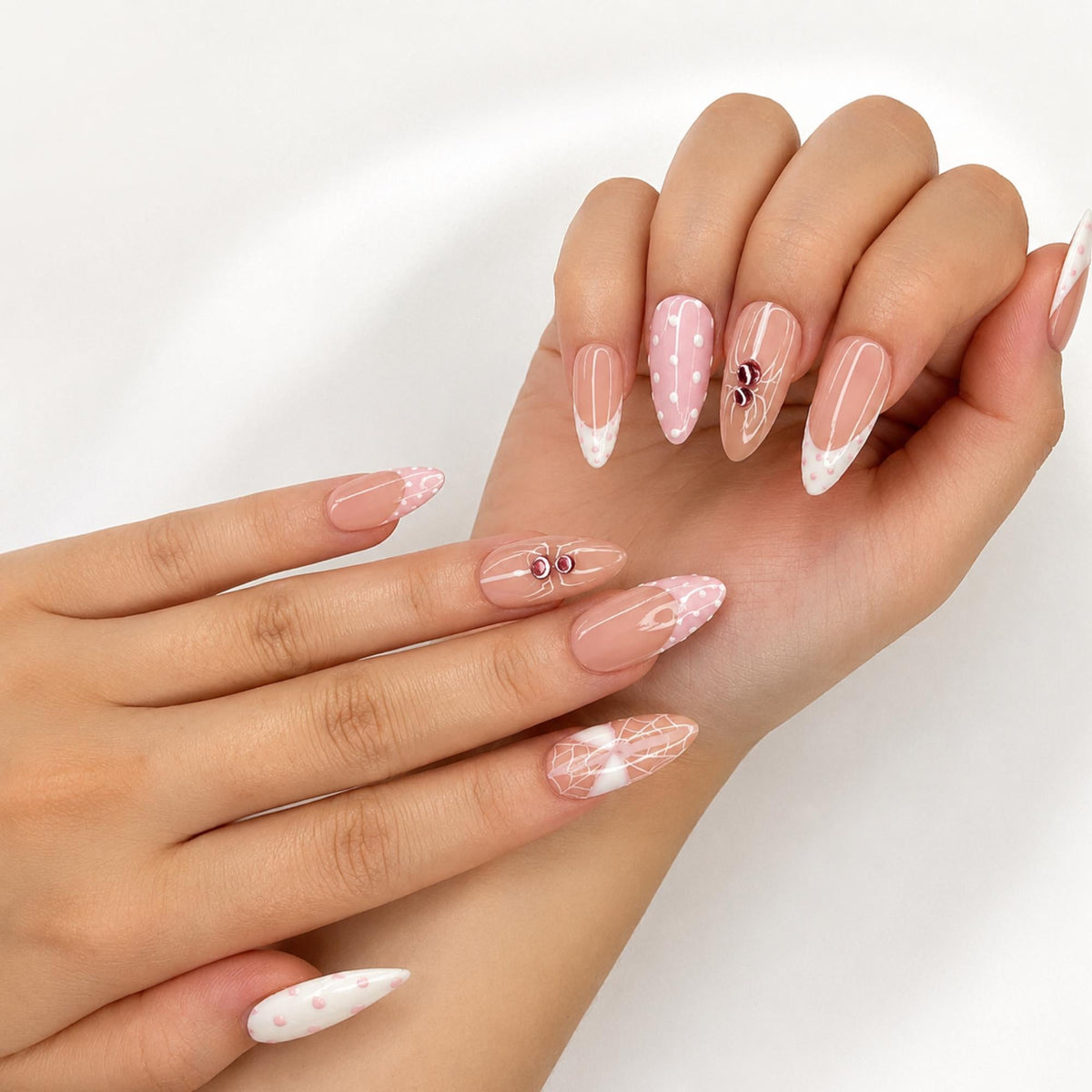 Pink Gothic Press On Nails with Spider Art , Long Almond Handmade Nails , Halloween, Coquette, Gothic, Holiday Press on nail set | JB474WC