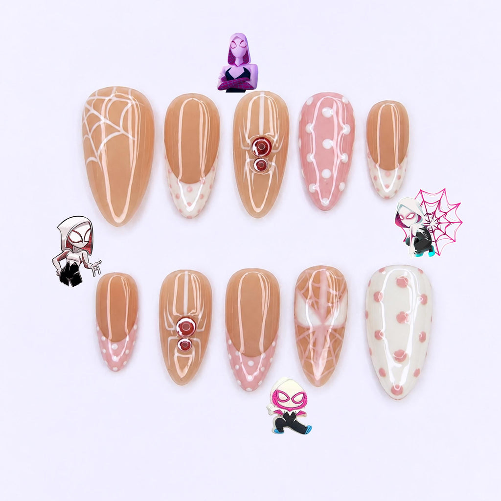 Pink Gothic Press On Nails with Spider Art , Long Almond Handmade Nails , Halloween, Coquette, Gothic, Holiday Press on nail set | JB474WC