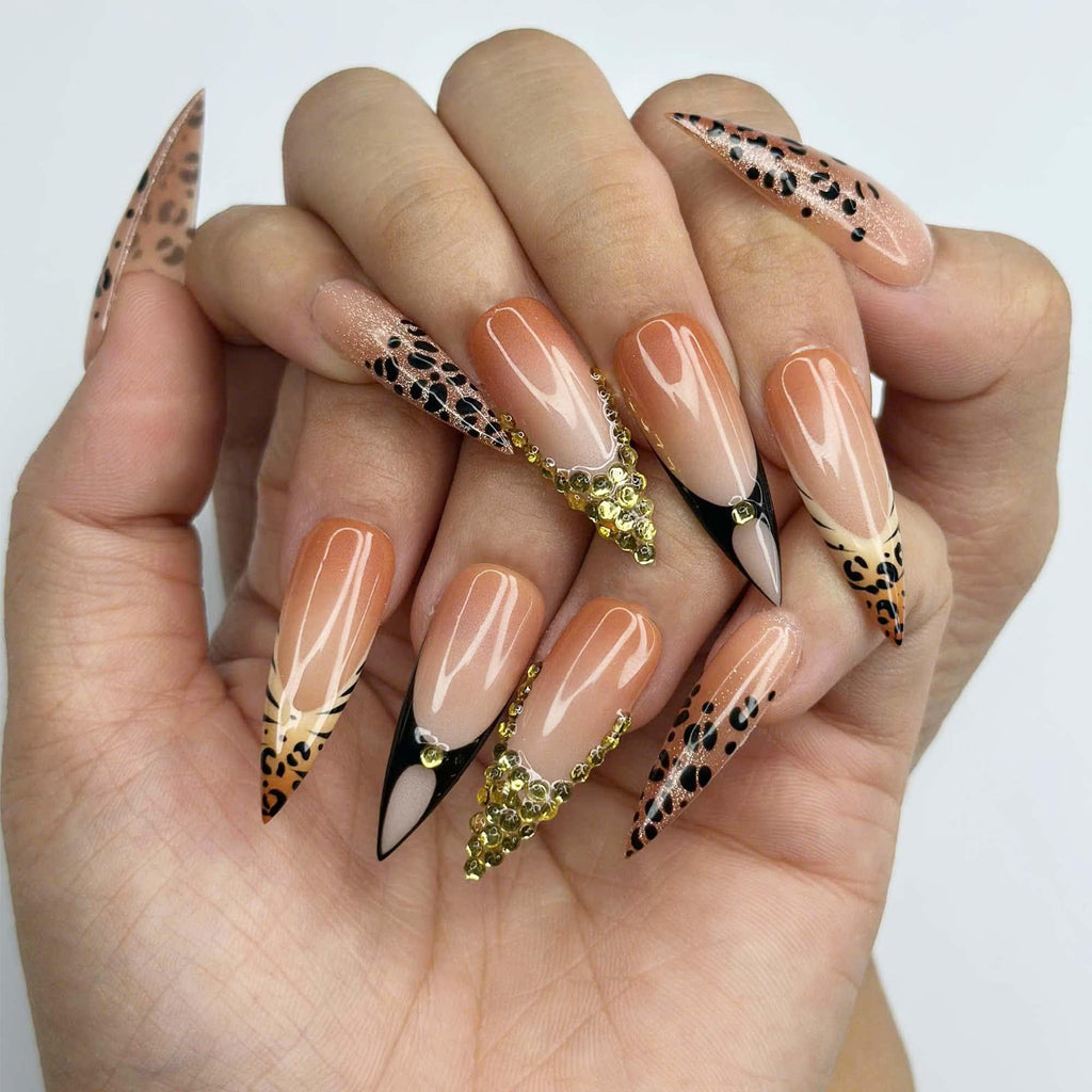 Luxury Leopard Press On Nails with Gold Rhinestones | Nude French Tip Animal Print Nails | Glam Statement Manicure | JC464JC
