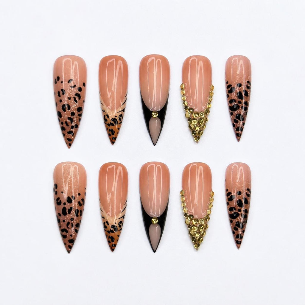 Luxury Leopard Press On Nails with Gold Rhinestones | Nude French Tip Animal Print Nails | Glam Statement Manicure | JC464JC