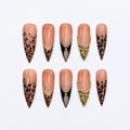 Luxury Leopard Press On Nails with Gold Rhinestones | Nude French Tip Animal Print Nails | Glam Statement Manicure | JC464JC