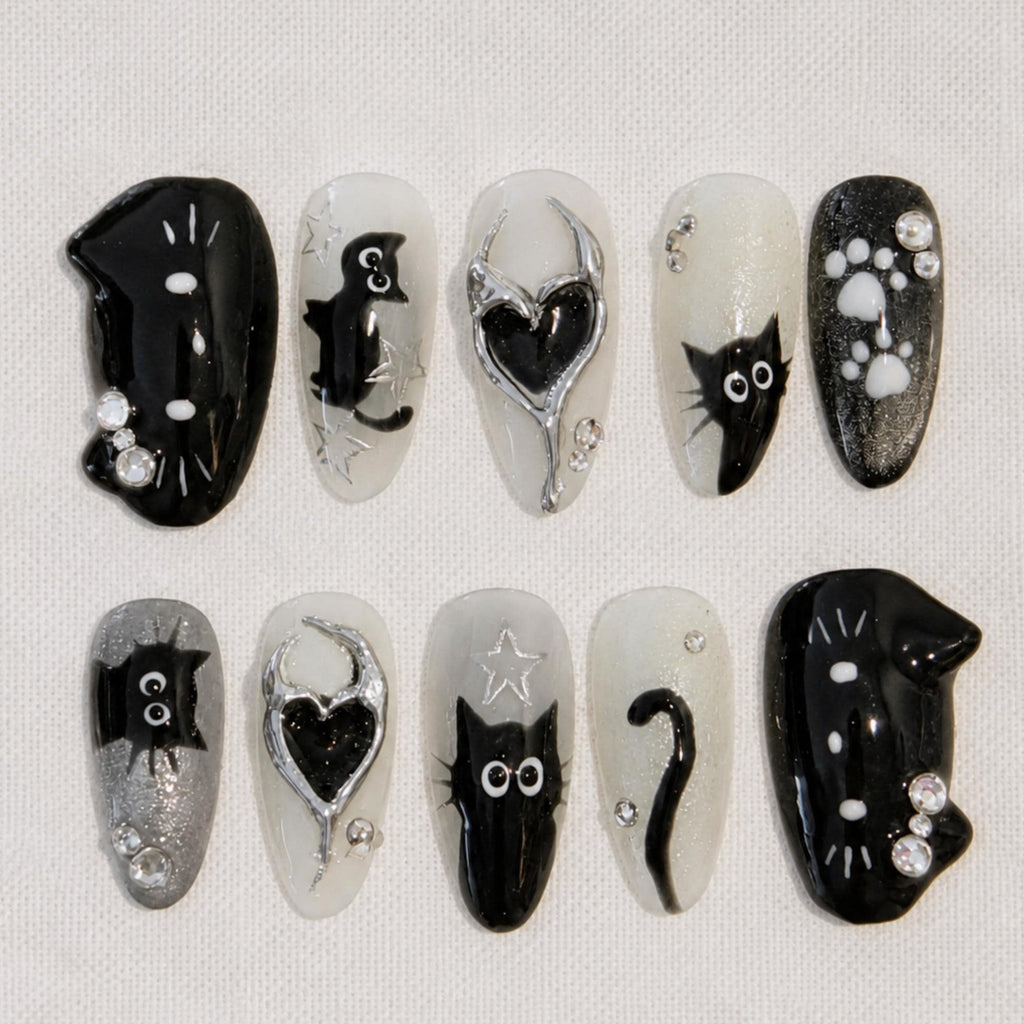 Black Cat Press On Nails, Spooky Cute Halloween Gothic Nail Set