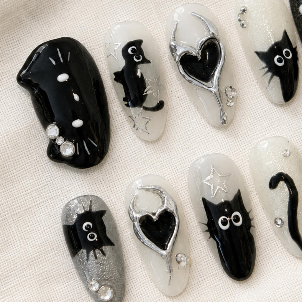 Black Cat Press On Nails, Spooky Cute Halloween Gothic Nail Set
