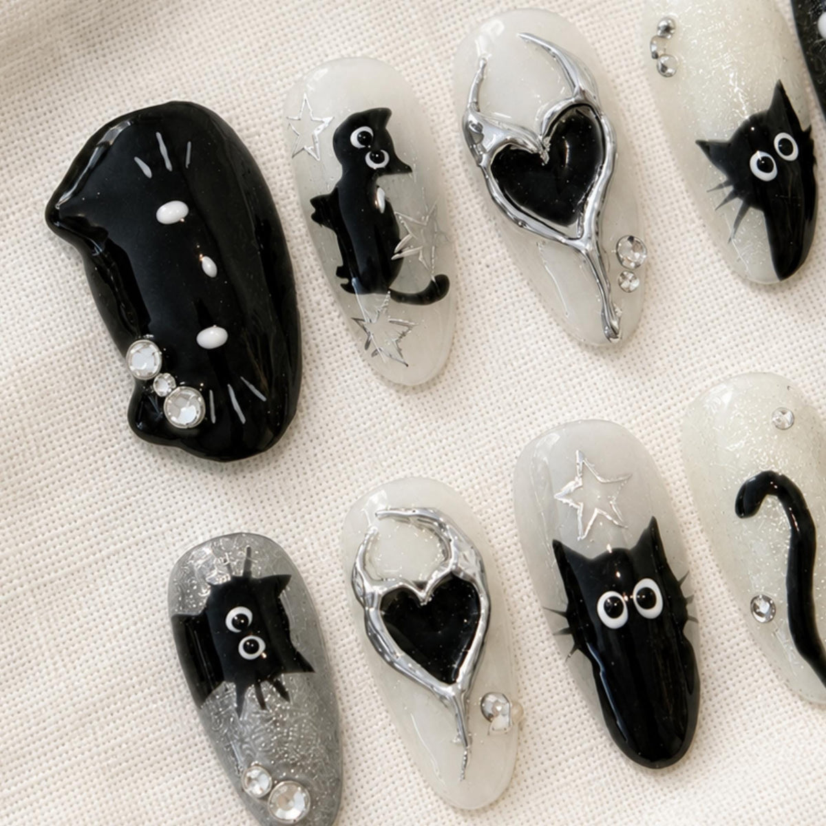 Black Cat Press On Nails, Spooky Cute Halloween Gothic Nail Set