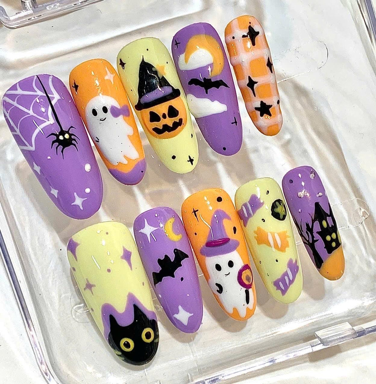 Halloween Press On Nails, Purple Ghost Pumpkin Witch Hat Black Cat Spooky Set