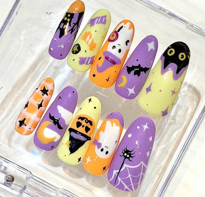 Halloween Press On Nails, Purple Ghost Pumpkin Witch Hat Black Cat Spooky Set