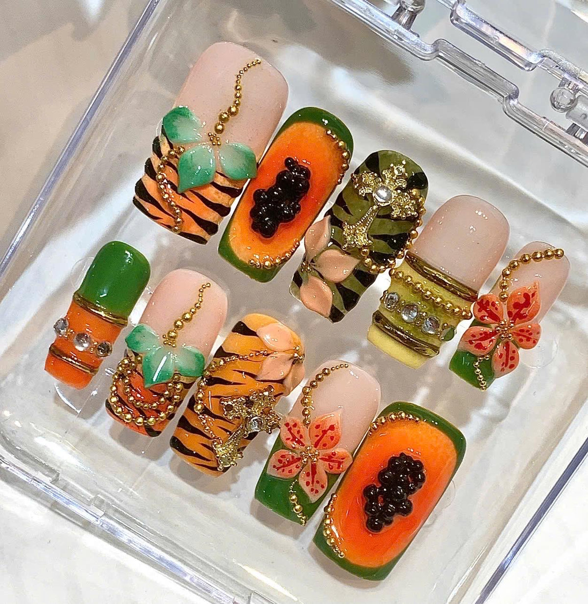 Tropical Fruit Papaya Tiger Print Hibiscus Flower Press On Nails