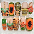 Tropical Fruit Papaya Tiger Print Hibiscus Flower Press On Nails