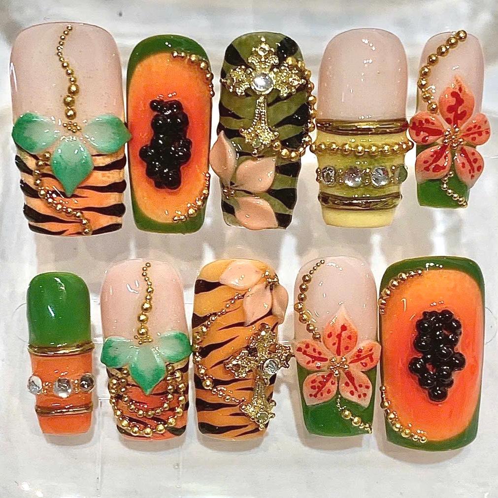 Tropical Fruit Papaya Tiger Print Hibiscus Flower Press On Nails