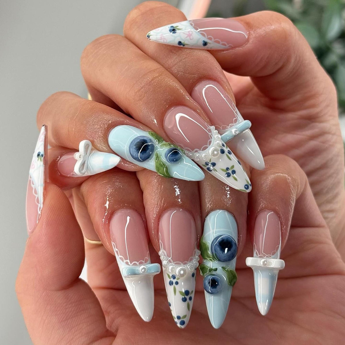 Elegant Blueberry Press On Nails, Coquette French Floral Nail Set