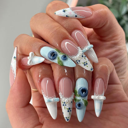 Elegant Blueberry Press On Nails, Coquette French Floral Nail Set