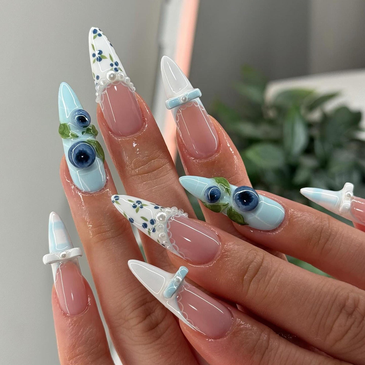 Elegant Blueberry Press On Nails, Coquette French Floral Nail Set