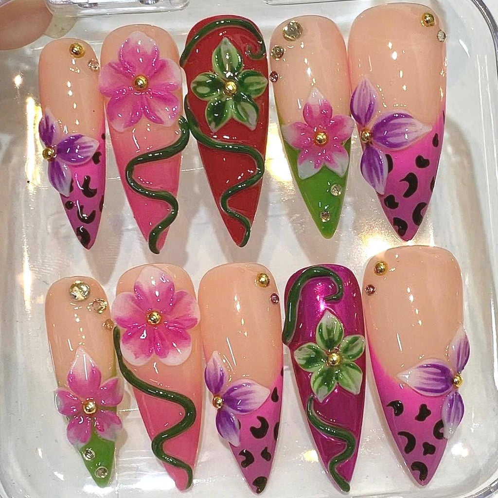 Tropical Hibiscus Press On Nails, Pink Floral 3D Stiletto Summer Vacation Set
