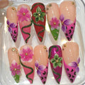 Tropical Hibiscus Press On Nails, Pink Floral 3D Stiletto Summer Vacation Set
