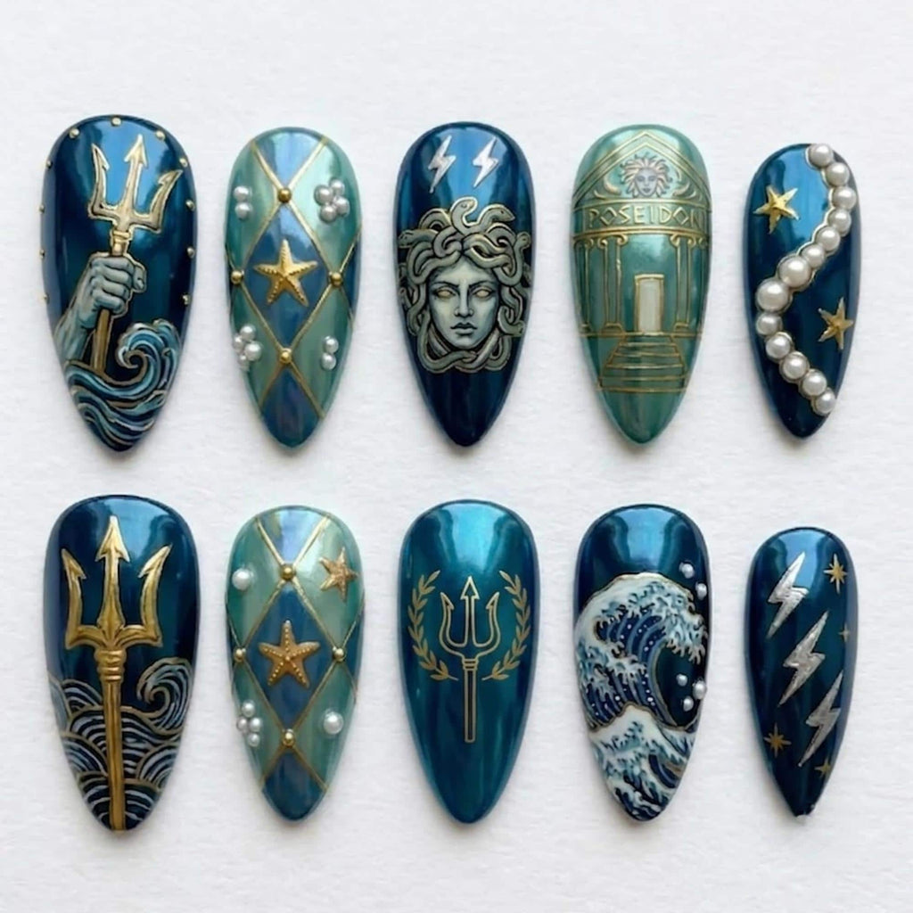 Poseidon Myth Press On Nails | Ancient Greek God Vibe | Deep Ocean Teal Almond Nails | Trident Medusa Wave Nail | Hand Painted Gold Nail