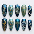 Poseidon Myth Press On Nails | Ancient Greek God Vibe | Deep Ocean Teal Almond Nails | Trident Medusa Wave Nail | Hand Painted Gold Nail