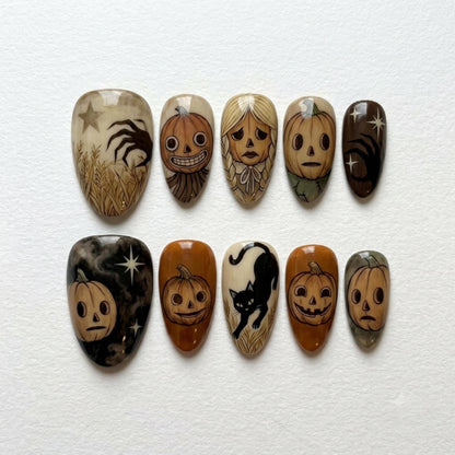 Over Garden Wall Press On Nails | Vintage Spooky Cartoon Vibe | Dark Autumn Almond Nails | Enoch Pumpkin Cat Nail | Hand Painted Gel Nail