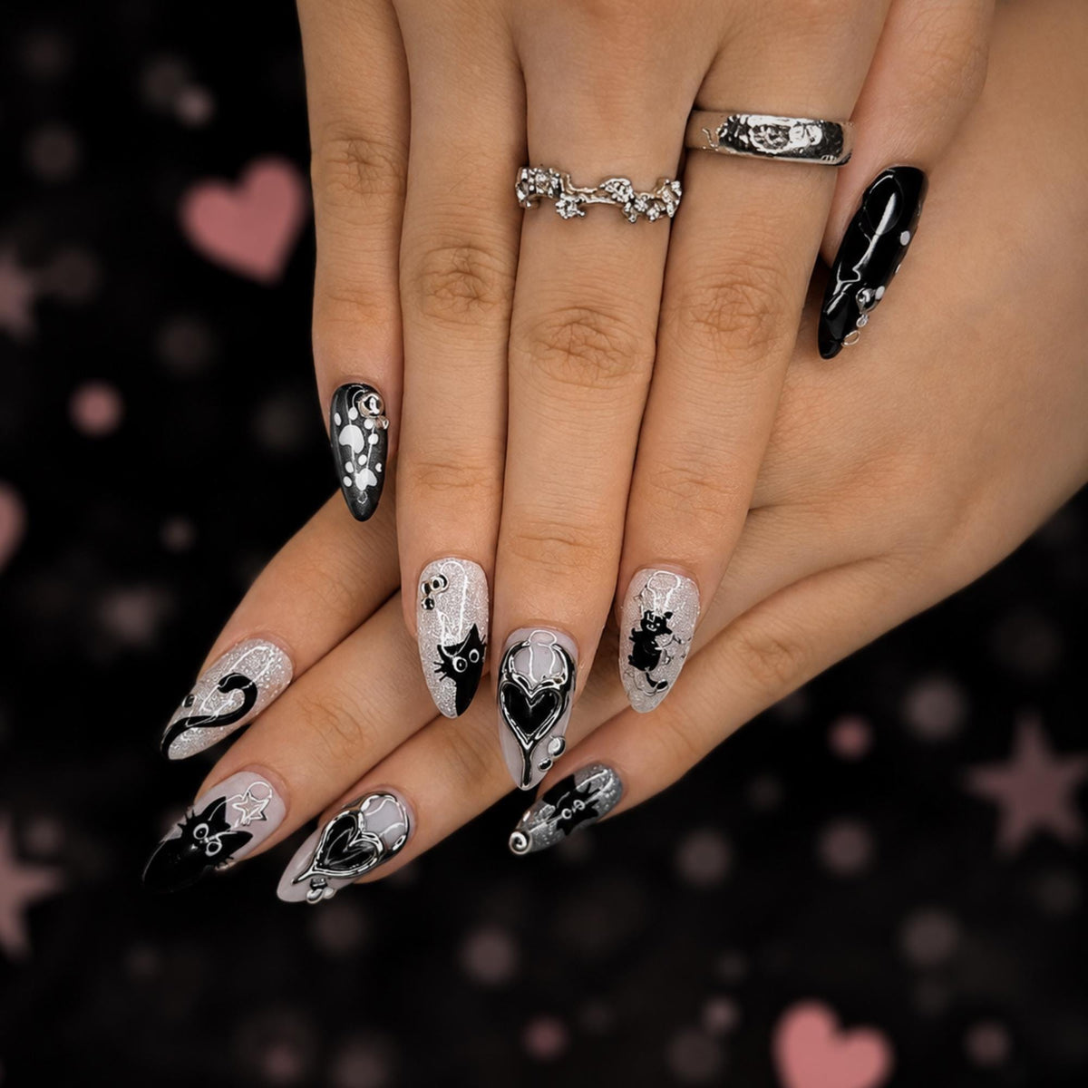 Black Cat Press On Nails with Chrome Heart , Gothic Silver Glitter Fake Nails , Handmade Celestial Nails for Halloween  Nails Set , JB478WC