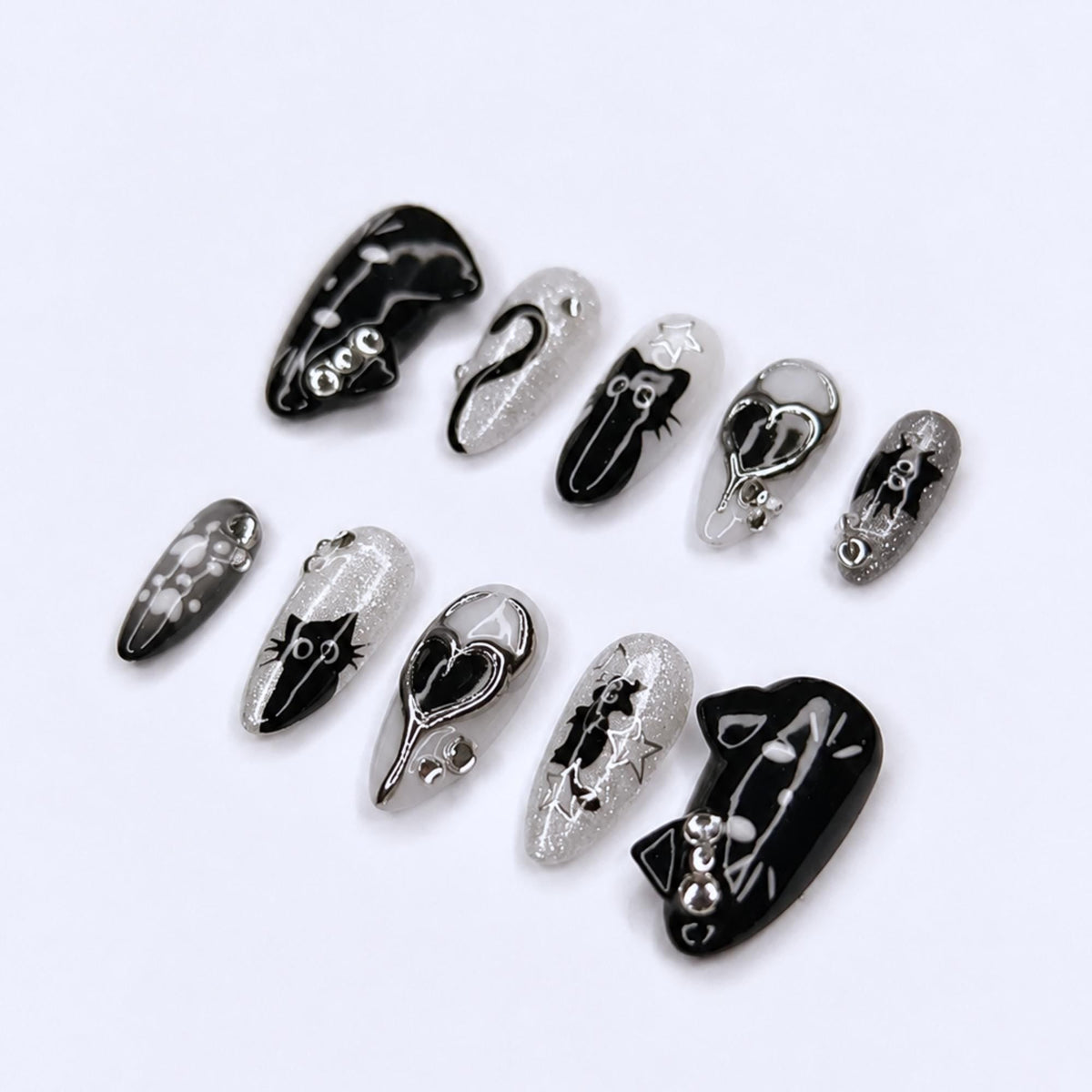 Black Cat Press On Nails with Chrome Heart , Gothic Silver Glitter Fake Nails , Handmade Celestial Nails for Halloween  Nails Set , JB478WC