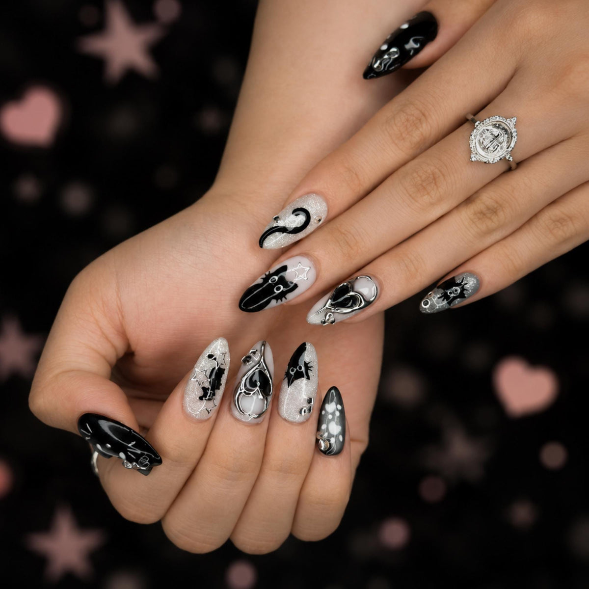 Black Cat Press On Nails with Chrome Heart , Gothic Silver Glitter Fake Nails , Handmade Celestial Nails for Halloween  Nails Set , JB478WC