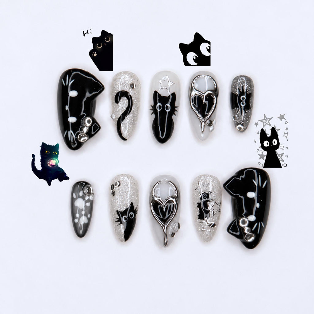 Black Cat Press On Nails with Chrome Heart , Gothic Silver Glitter Fake Nails , Handmade Celestial Nails for Halloween  Nails Set , JB478WC