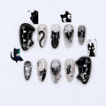 Black Cat Press On Nails with Chrome Heart , Gothic Silver Glitter Fake Nails , Handmade Celestial Nails for Halloween  Nails Set , JB478WC