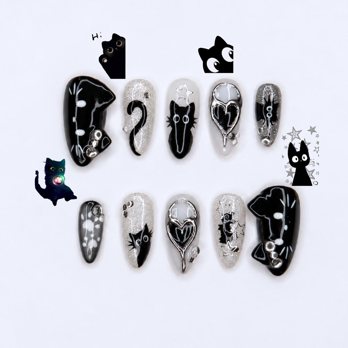 Black Cat Press On Nails with Chrome Heart , Gothic Silver Glitter Fake Nails , Handmade Celestial Nails for Halloween  Nails Set , JB478WC