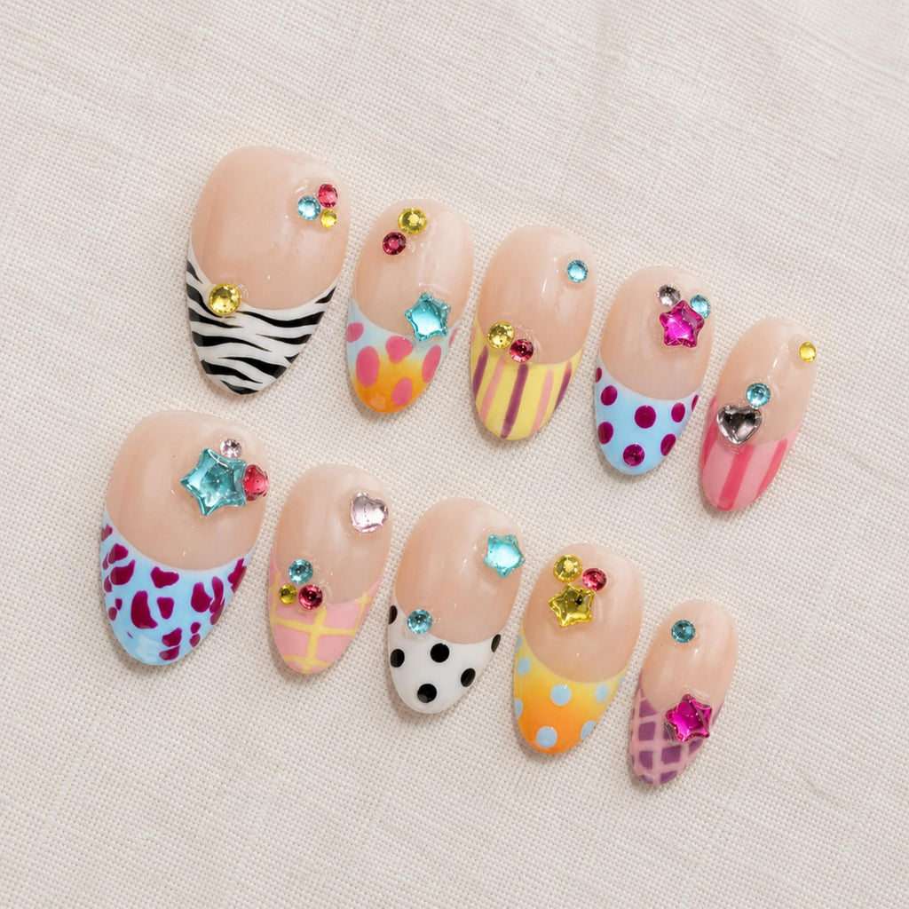 Colorful Y2K Press On Nails, Funky Pop Art French Tips