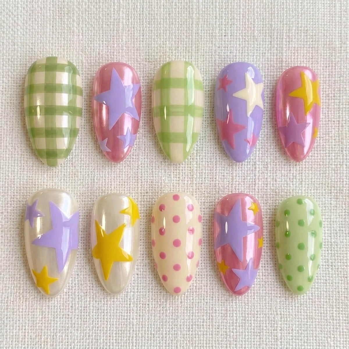 Kawaii Star Press On Nails, Pastel Gingham Fairy Kei Nail Set