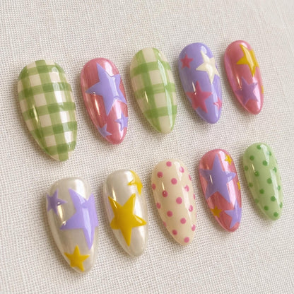 Kawaii Star Press On Nails, Pastel Gingham Fairy Kei Nail Set