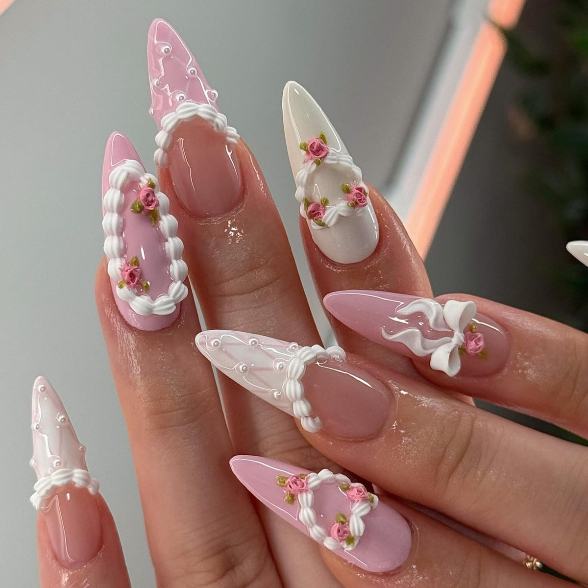 Coquette Birthday Press On Nails, Pink Bow Floral Princess Nails