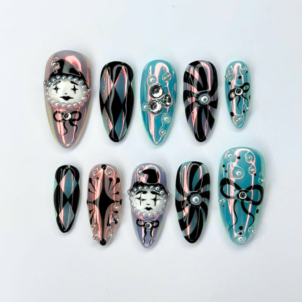 Clown Press On Nails with Vintage Clock, Harlequin Fake Nails in AlmondShape, Handmade Gothic Nail Art for Halloween, Party, Cosplay JB480UC