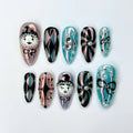 Clown Press On Nails with Vintage Clock, Harlequin Fake Nails in AlmondShape, Handmade Gothic Nail Art for Halloween, Party, Cosplay JB480UC