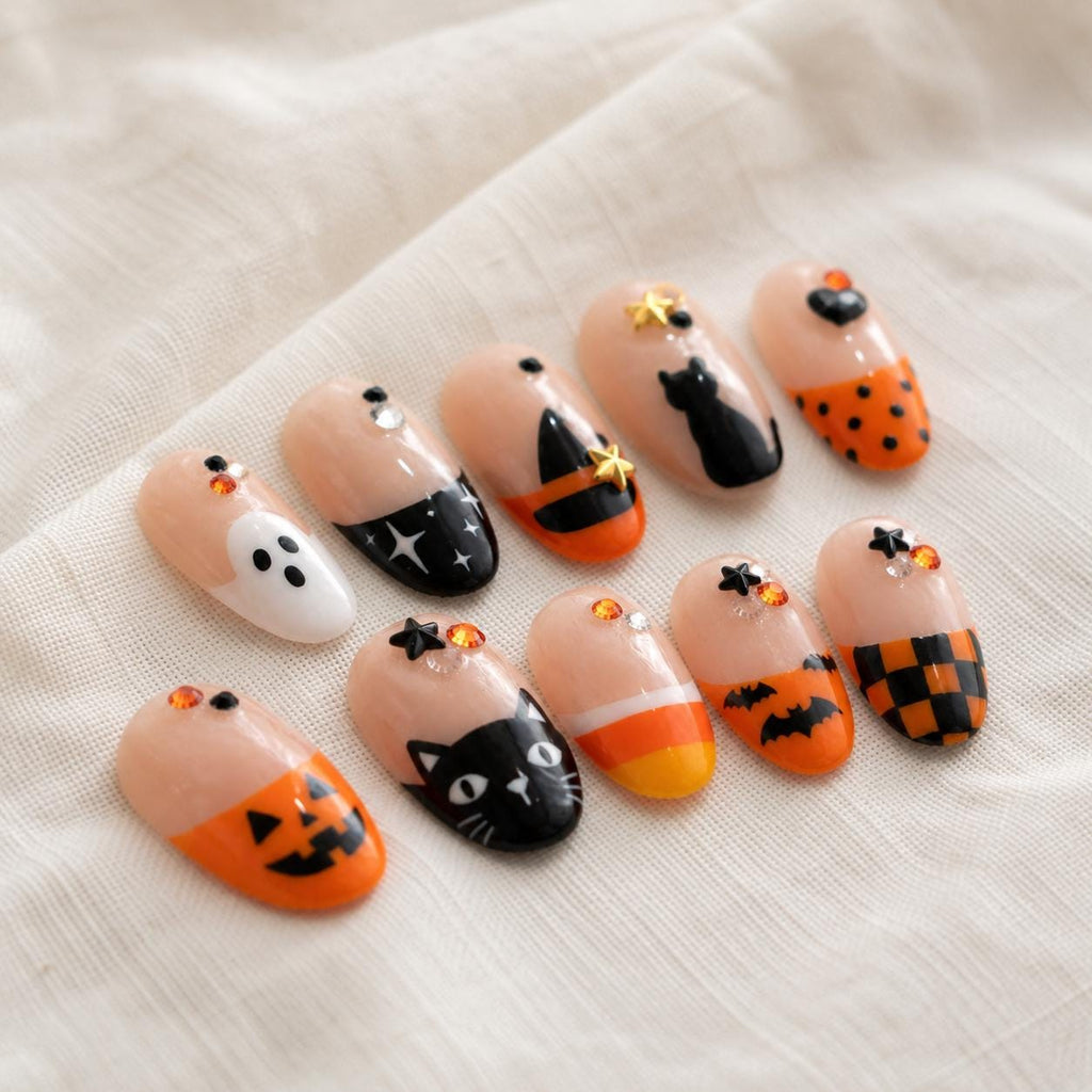 Spooky Halloween Press On Nails, Cute Ghost Black Cat Nails, Handmade Holiday Nail Art
