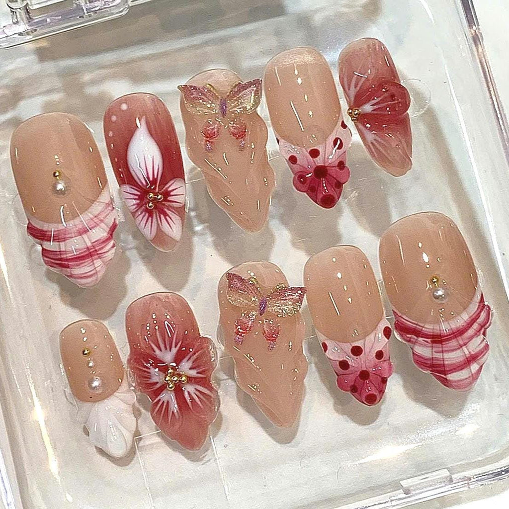 3D Butterfly Press On Nails – Floral Pearl Handmade Nail Art