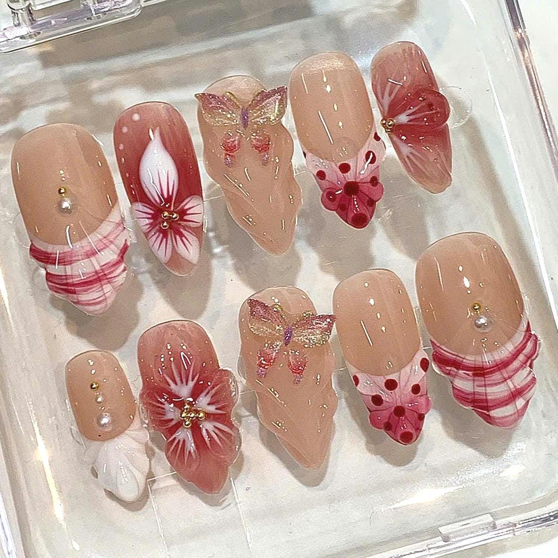 3D Butterfly Press On Nails – Floral Pearl Handmade Nail Art