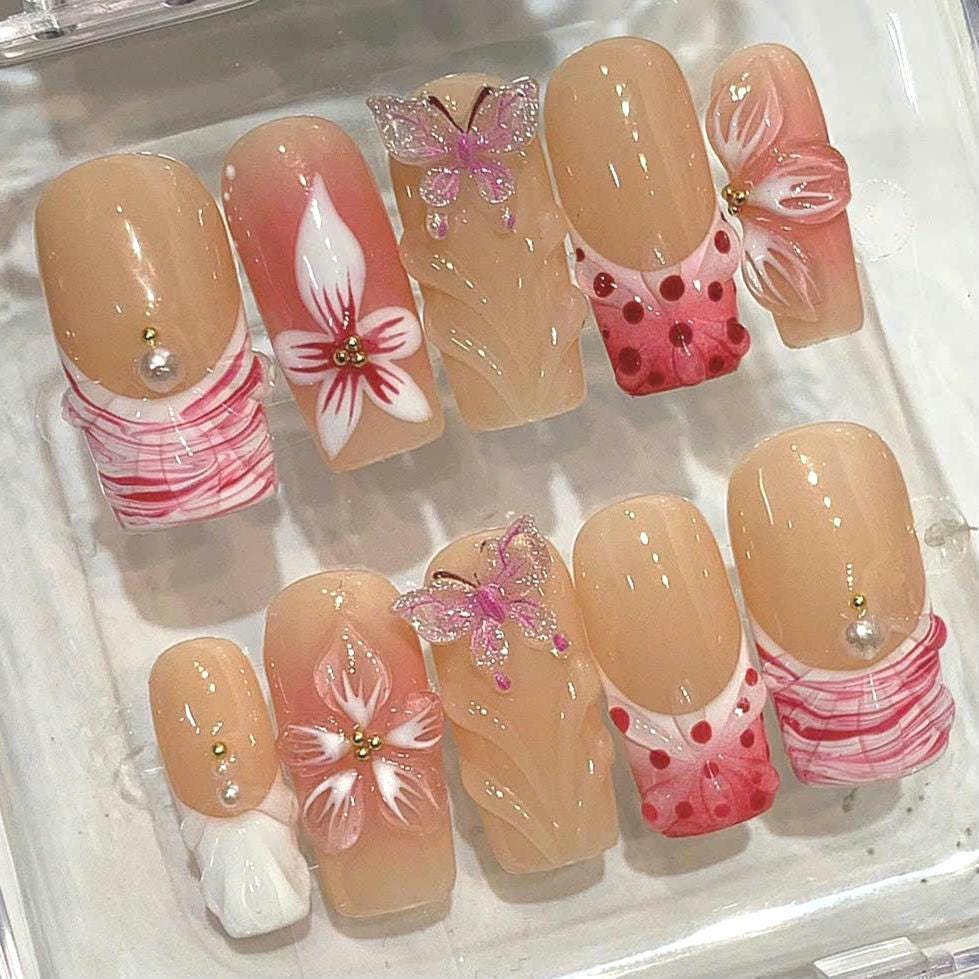 3D Butterfly Press On Nails – Floral Pearl Handmade Nail Art