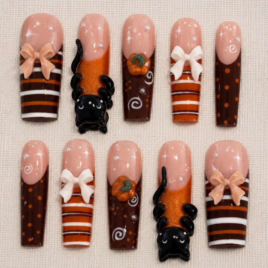 Kawaii Fall Press On Nails, 3D Black Cat Pumpkin Nails, Cute Autumn Nail Set
