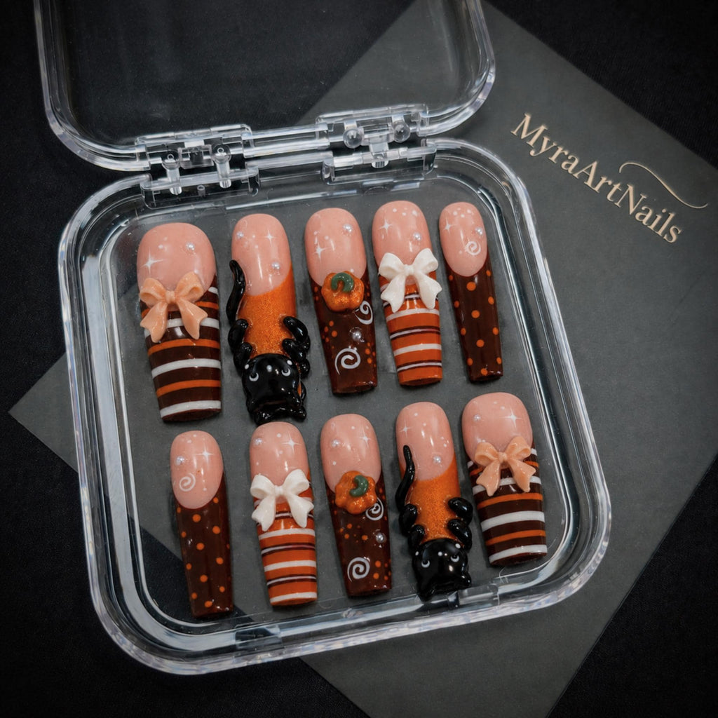 Kawaii Fall Press On Nails, 3D Black Cat Pumpkin Nails, Cute Autumn Nail Set