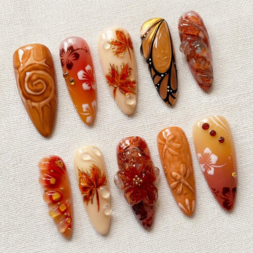 3D Autumn Press On Nails, Maple Leaf Amber Fall Nail Set