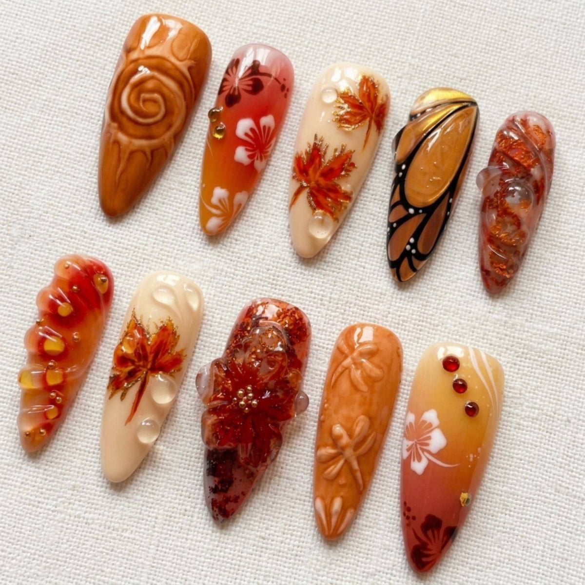 3D Autumn Press On Nails, Maple Leaf Amber Fall Nail Set