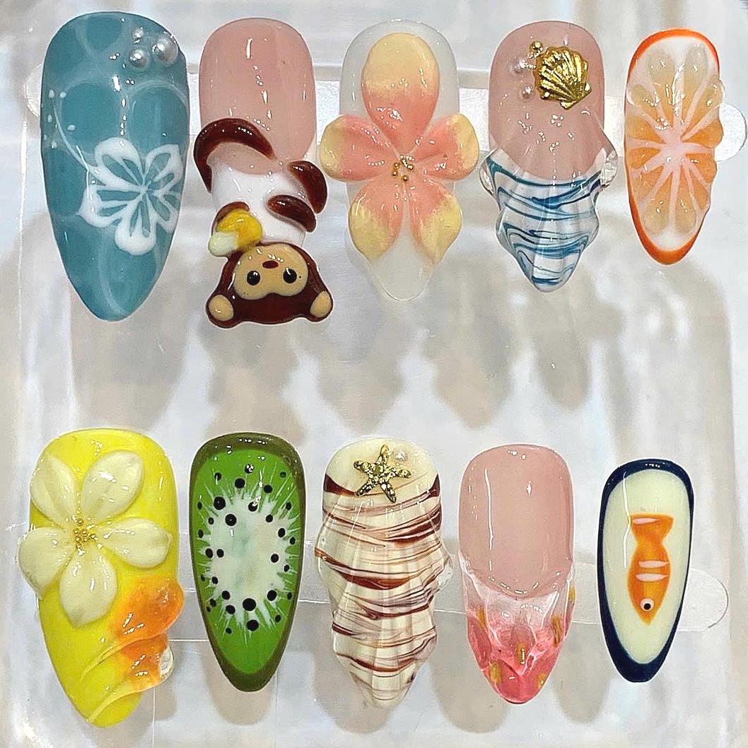 Tropical 3D Press On Nails – Fruit, Animal, Summer Beach Designs (Handmade)