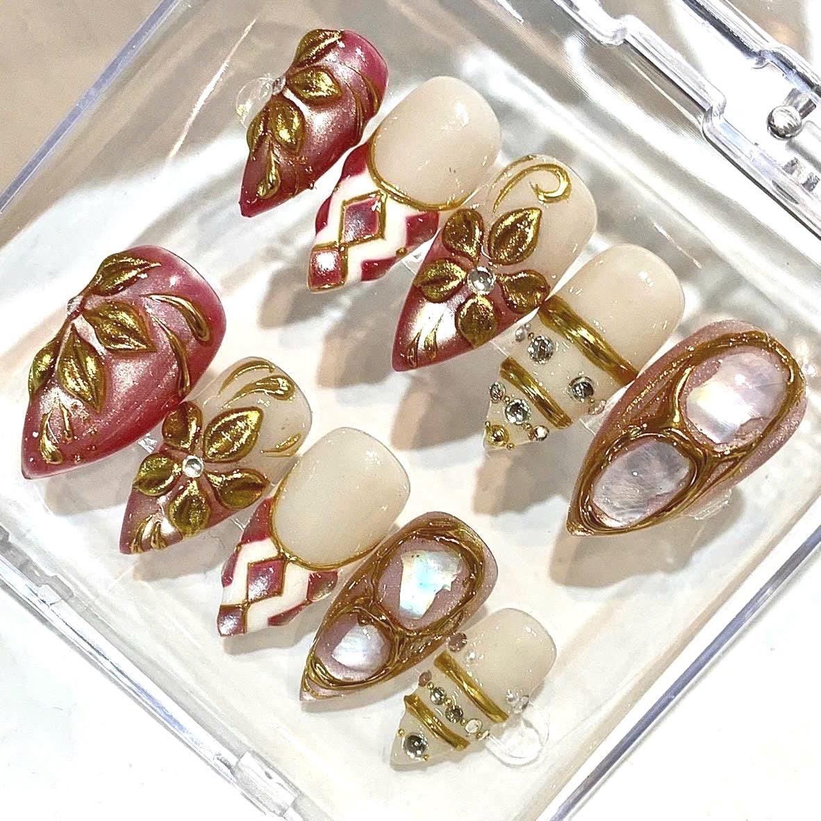 Burgundy Gold Chrome Press On Nails | Luxury 3D Floral Pearl Cat Eye (Reusable Nails)