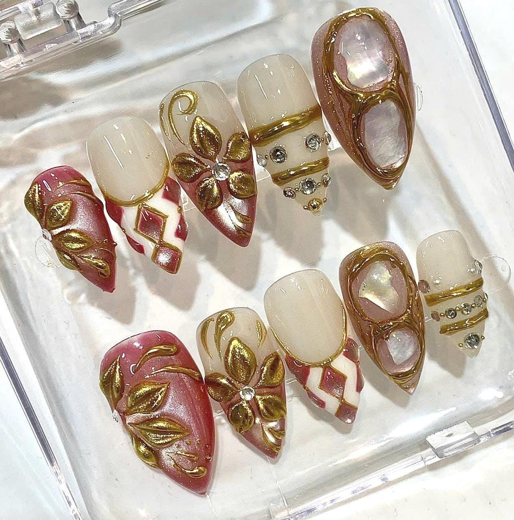 Burgundy Gold Chrome Press On Nails | Luxury 3D Floral Pearl Cat Eye (Reusable Nails)