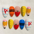 Back to School Press On Nails, 3D Teacher Apple Pencil Ruler Notebook Nails
